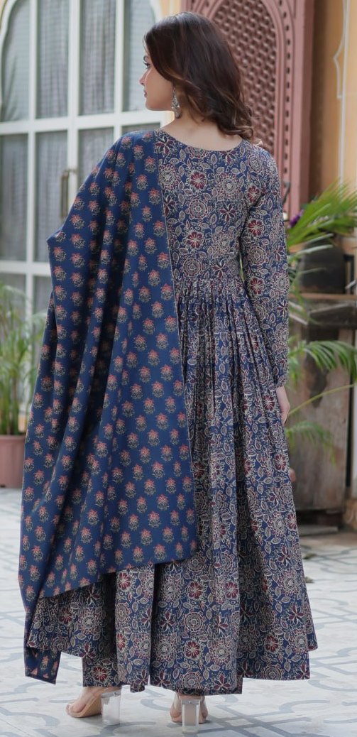 Striking Navy Blue Color Cotton Fabric Gown
