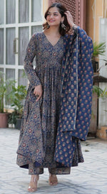 Striking Navy Blue Color Cotton Fabric Gown