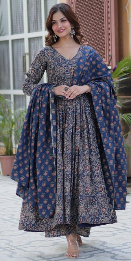 Striking Navy Blue Color Cotton Fabric Gown