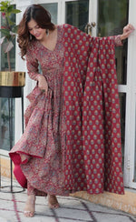 Striking Maroon Color Cotton Fabric Gown