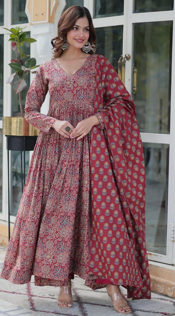 Striking Maroon Color Cotton Fabric Gown