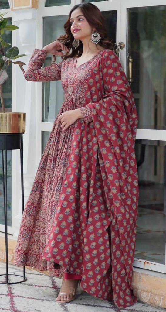 Striking Maroon Color Cotton Fabric Gown