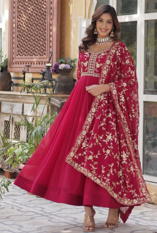Striking Magenta Color Blooming Fabric Gown