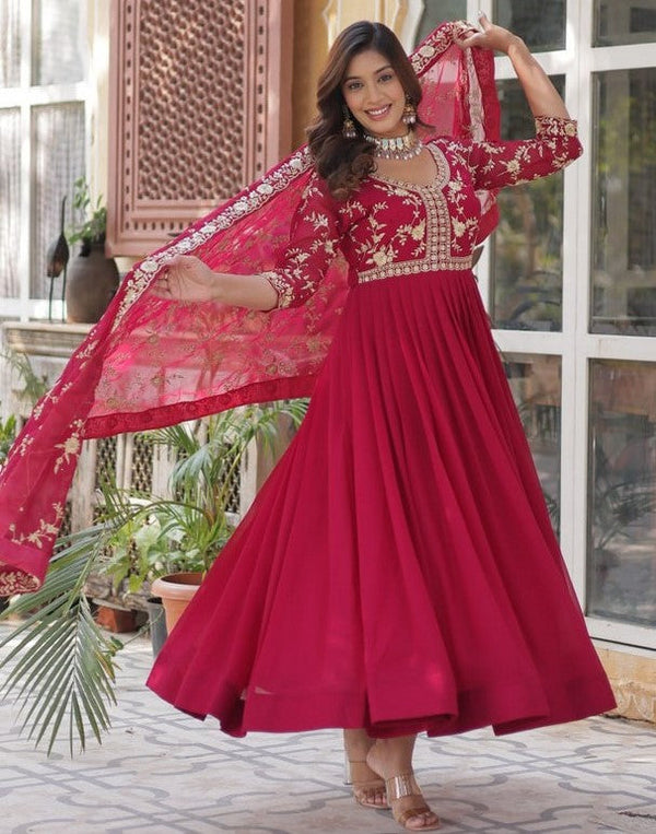 Striking Magenta Color Blooming Fabric Gown