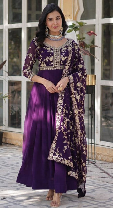Striking Purple Color Blooming Fabric Gown