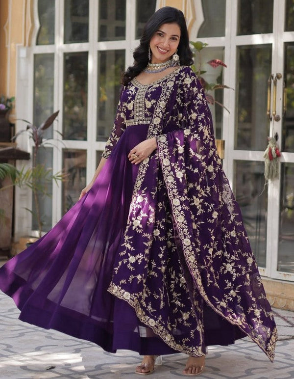 Striking Purple Color Blooming Fabric Gown