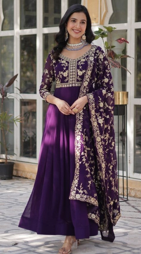 Striking Purple Color Blooming Fabric Gown