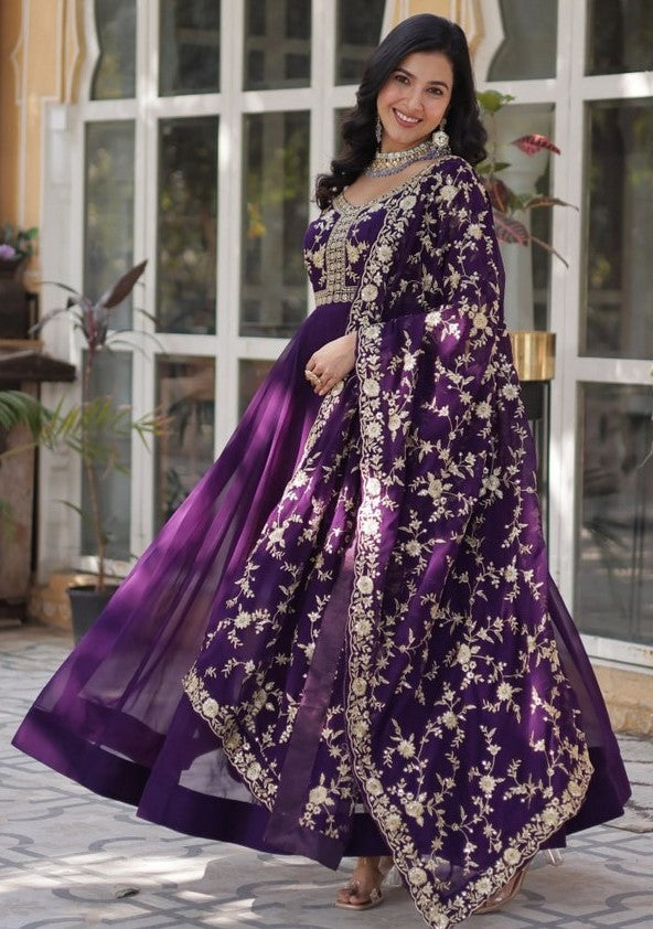 Striking Purple Color Blooming Fabric Gown