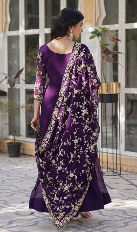 Striking Purple Color Blooming Fabric Gown