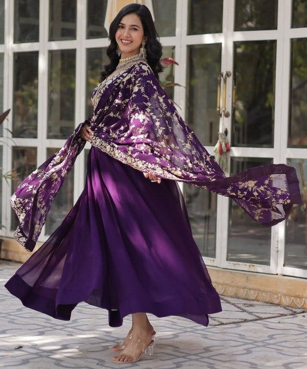 Striking Purple Color Blooming Fabric Gown