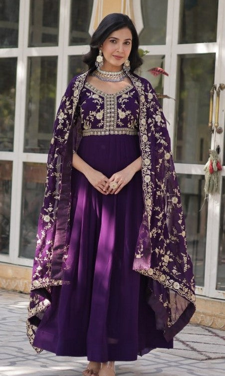 Striking Purple Color Blooming Fabric Gown