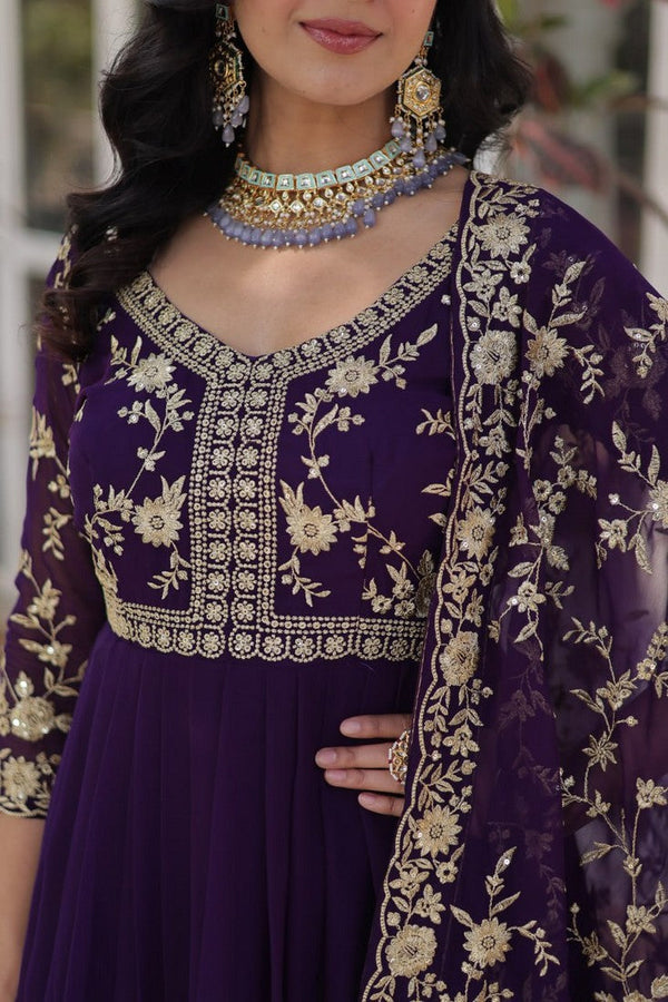 Striking Purple Color Blooming Fabric Gown
