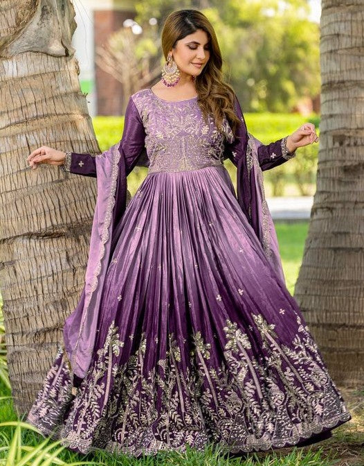 Beautiful Purple Color Chinon Fabric Gown