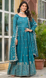 Beautiful Teal Color Vichitra  Fabric Gown