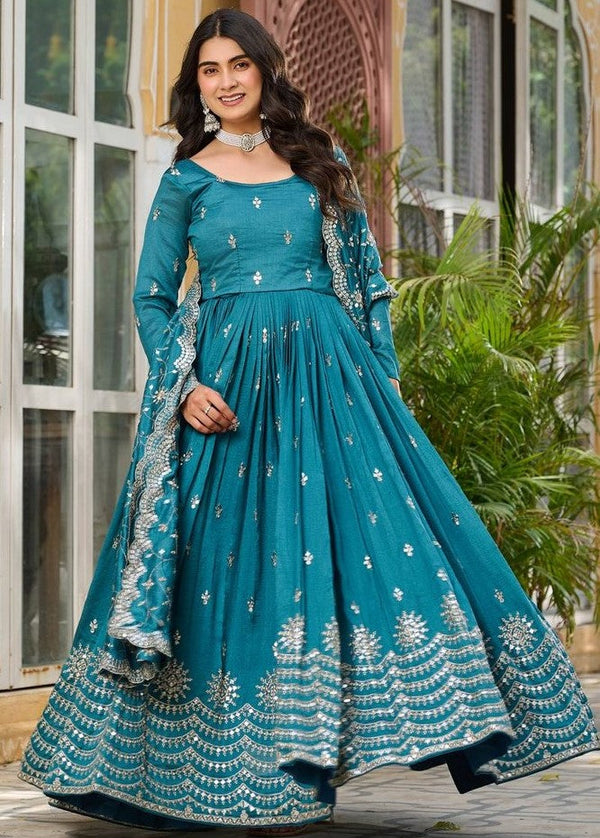 Beautiful Teal Color Vichitra  Fabric Gown