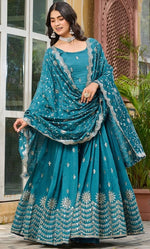 Beautiful Teal Color Vichitra  Fabric Gown