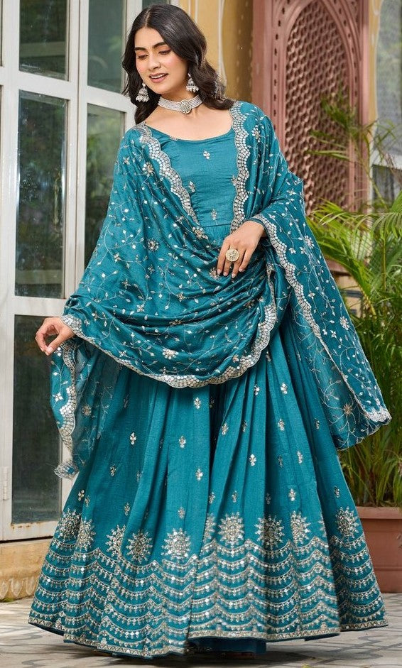 Beautiful Teal Color Vichitra  Fabric Gown