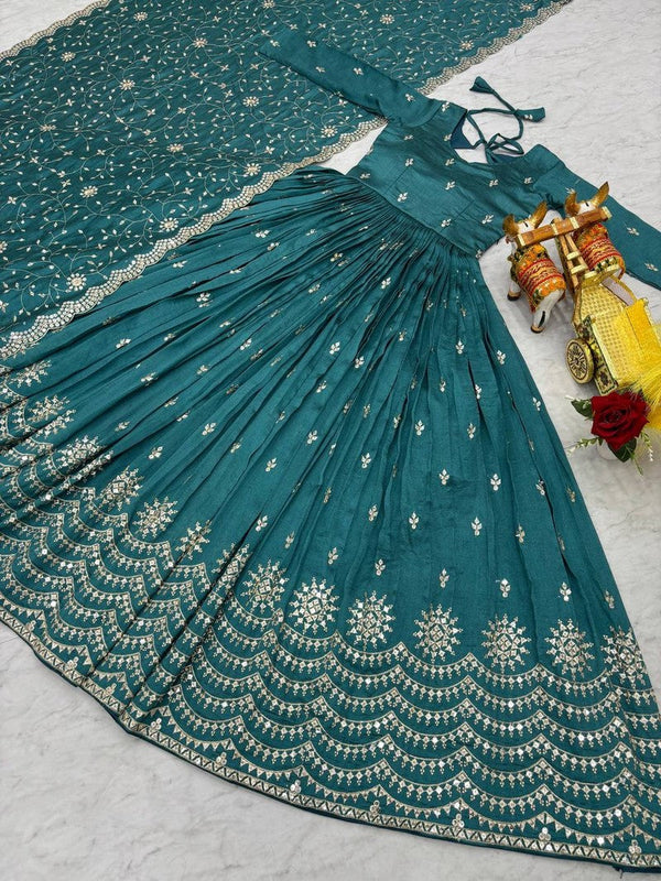 Beautiful Teal Color Vichitra  Fabric Gown