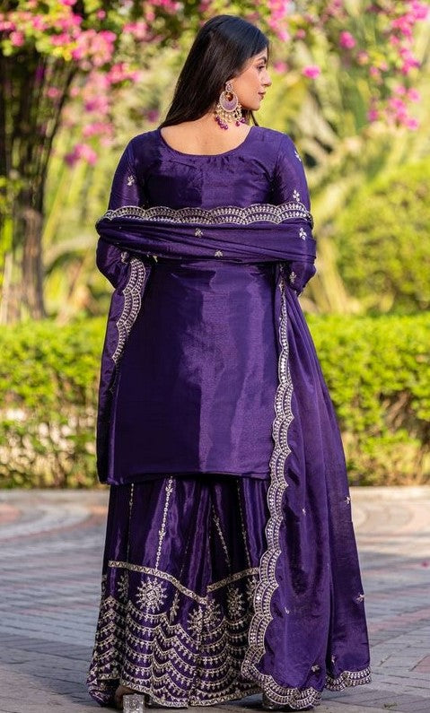 Beautiful Blue Color Chinon Fabric Plazzo Suit