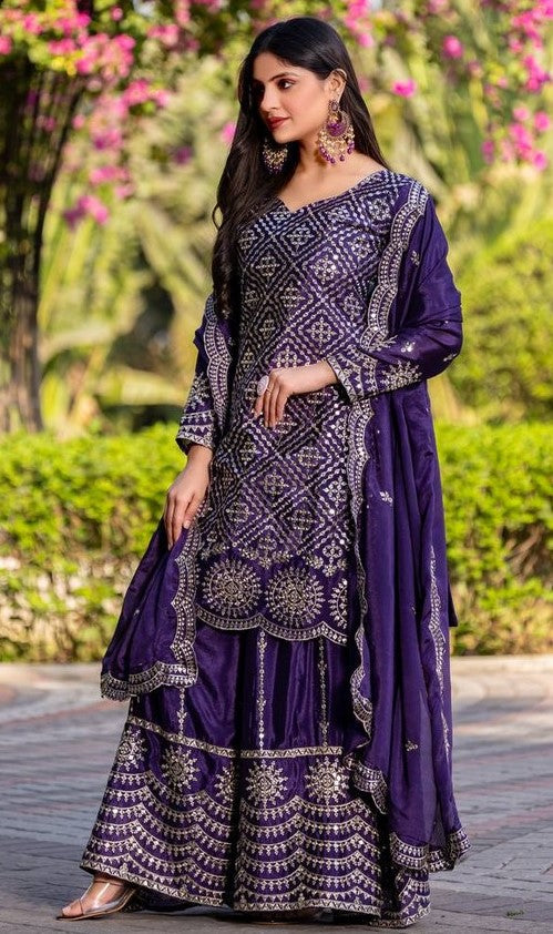 Beautiful Blue Color Chinon Fabric Plazzo Suit