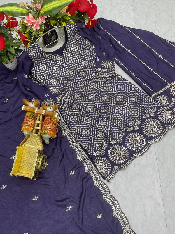 Beautiful Blue Color Chinon Fabric Plazzo Suit