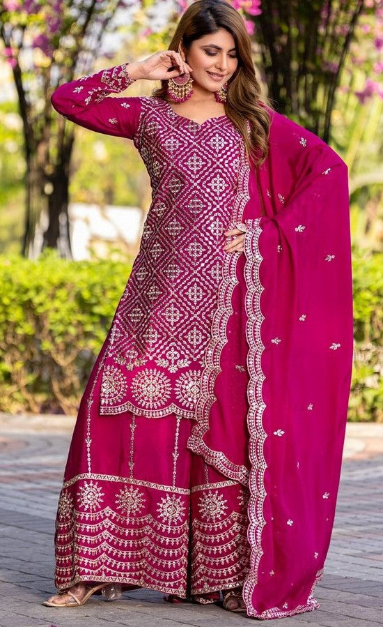 Beautiful Magenta Color Chinon Fabric Plazzo Suit