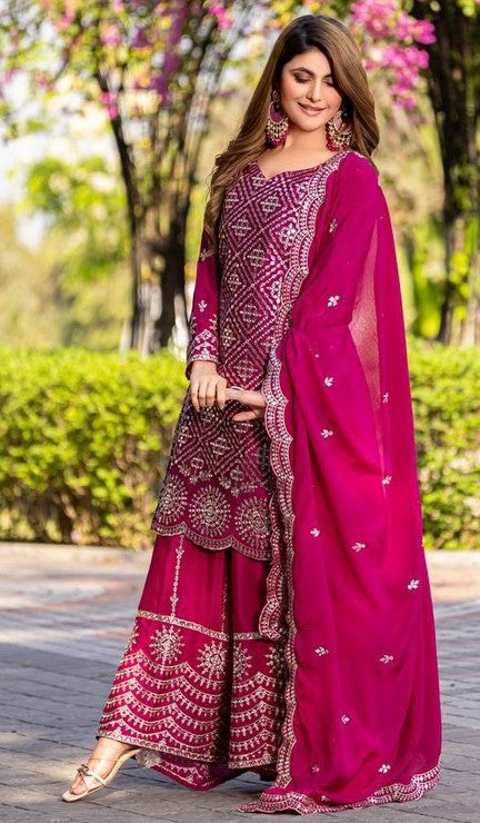 Beautiful Magenta Color Chinon Fabric Plazzo Suit