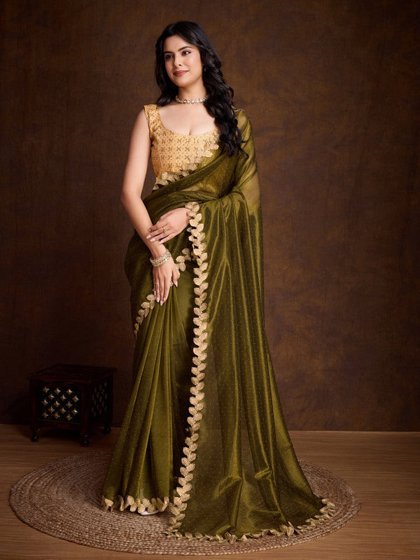 Lovely Green Color Twill Fabric Partywear Saree