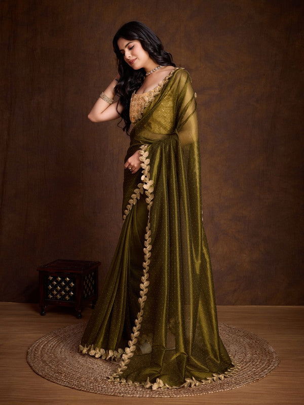 Lovely Green Color Twill Fabric Partywear Saree