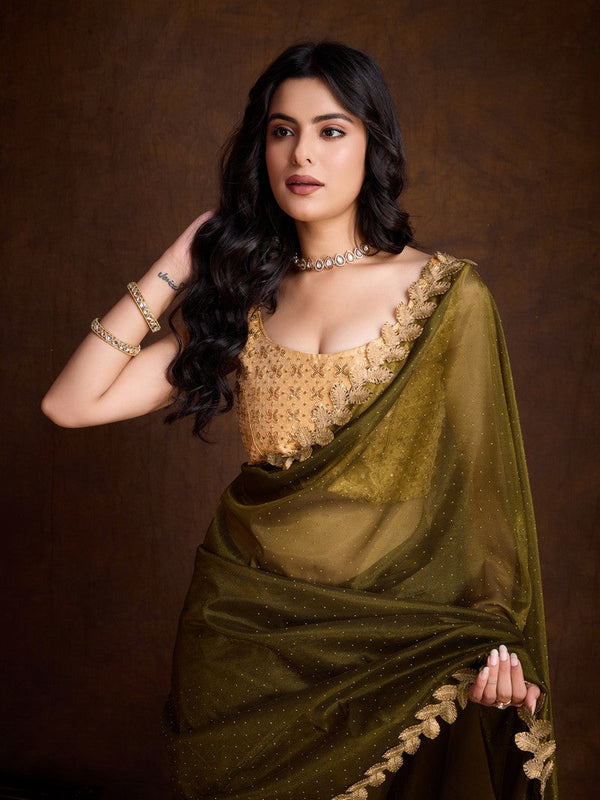 Lovely Green Color Twill Fabric Partywear Saree