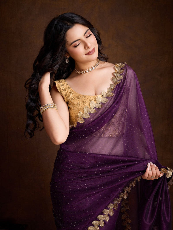 Lovely Purple Color Twill Fabric Partywear Saree