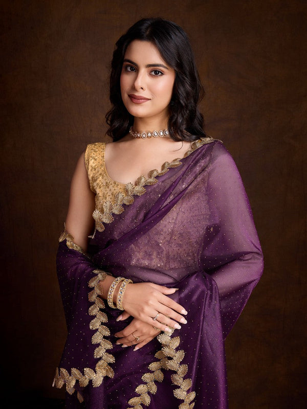 Lovely Purple Color Twill Fabric Partywear Saree