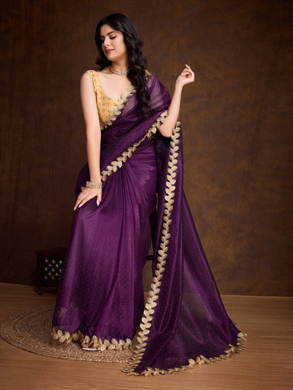 Lovely Purple Color Twill Fabric Partywear Saree