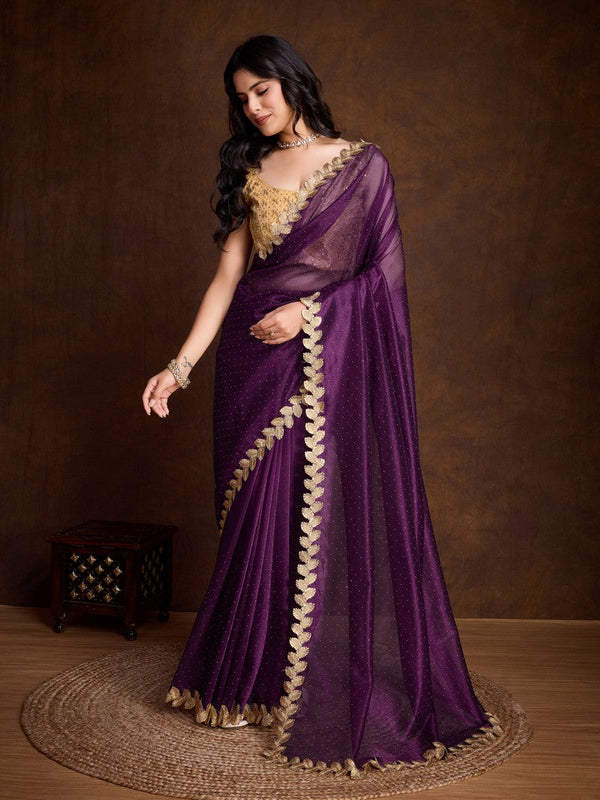 Lovely Purple Color Twill Fabric Partywear Saree