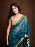 Lovely Teal Color Twill Fabric Partywear Saree