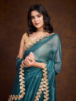Lovely Teal Color Twill Fabric Partywear Saree