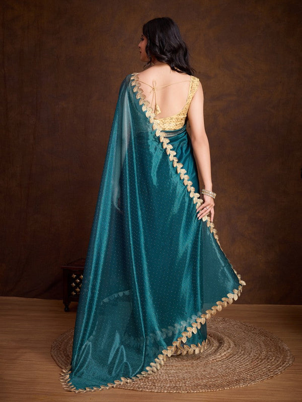 Lovely Teal Color Twill Fabric Partywear Saree