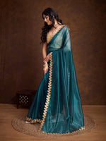Lovely Teal Color Twill Fabric Partywear Saree