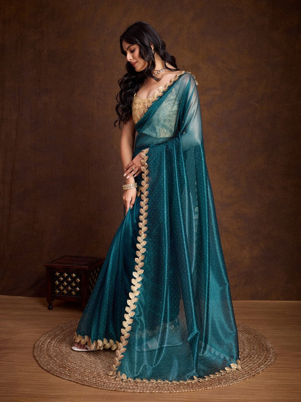Lovely Teal Color Twill Fabric Partywear Saree