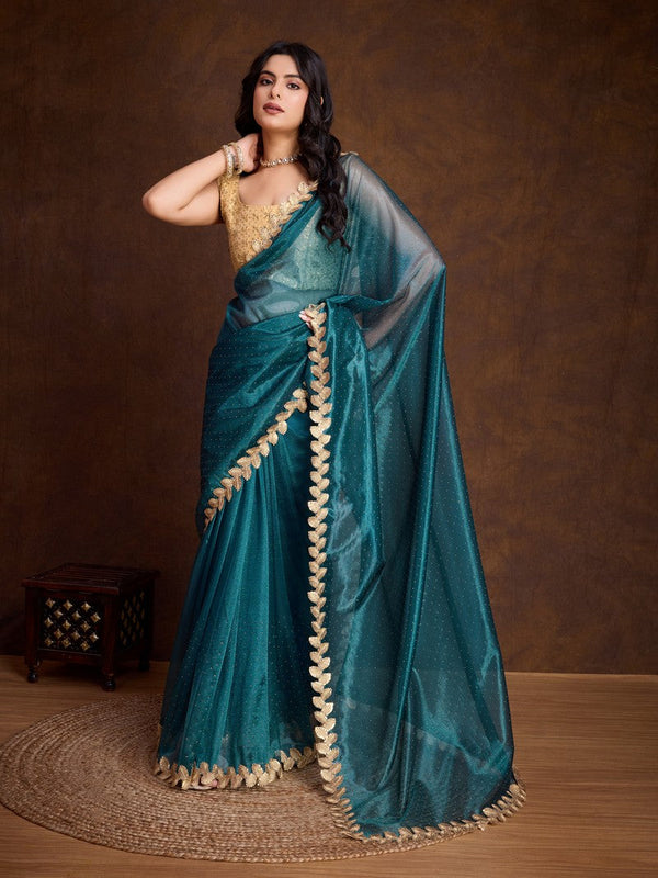 Lovely Teal Color Twill Fabric Partywear Saree