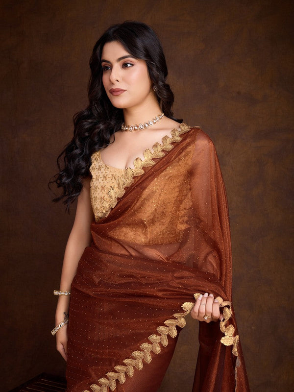 Lovely Brown Color Twill Fabric Partywear Saree