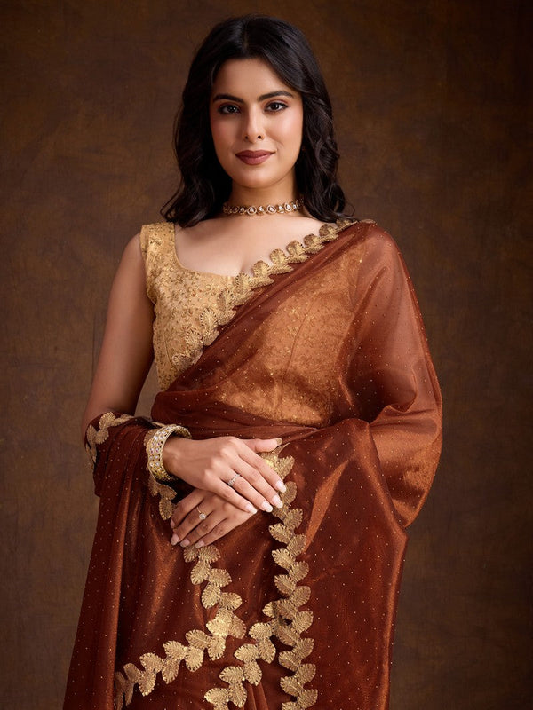 Lovely Brown Color Twill Fabric Partywear Saree