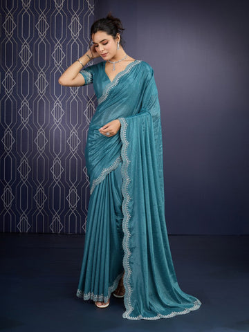 Beautiful Teal Color Georgette Fabric Designer Saree