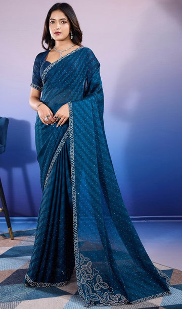 Amazing Teal Color Chiffon Fabric Designer Saree