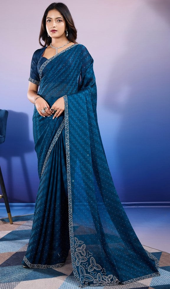 Amazing Teal Color Chiffon Fabric Designer Saree