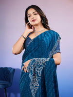 Amazing Teal Color Chiffon Fabric Designer Saree