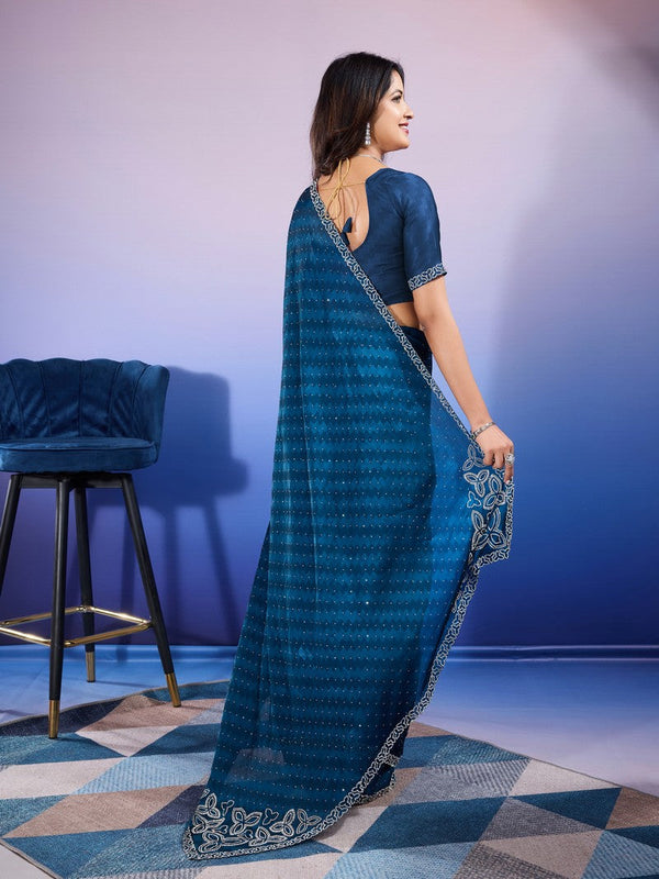 Amazing Teal Color Chiffon Fabric Designer Saree