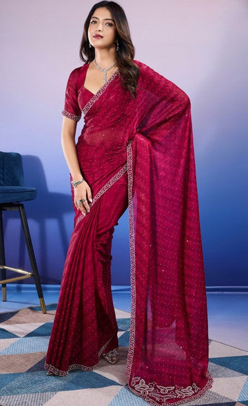 Amazing Maroon Color Chiffon Fabric Designer Saree