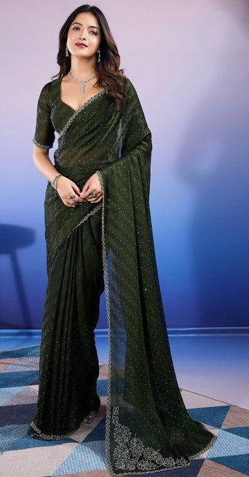 Amazing Green Color Chiffon Fabric Designer Saree