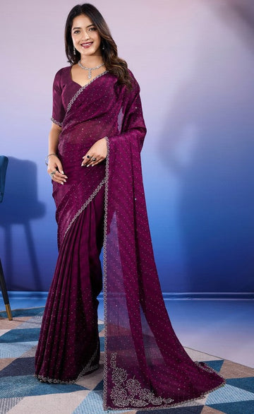 Amazing Voilet Color Chiffon Fabric Designer Saree